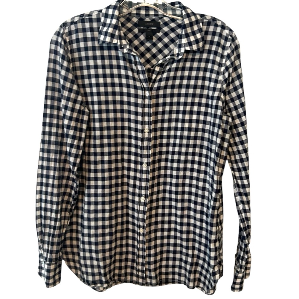 J. Crew Women's Navy and White Gingham Classic Fit Boy Shirt in Size 6